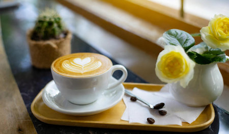 Coffee cup and flower on wood table in coffee shop.の素材