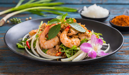 Thai spicy salad with prawns and vegetables on wooden backgroundの素材