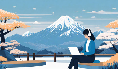 Illustration of a woman working on a laptop with Mt. Fuji in the backgroundの素材