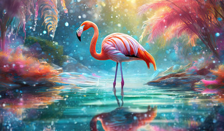 Flamingo in the water. Digital painting. 3d renderingの素材