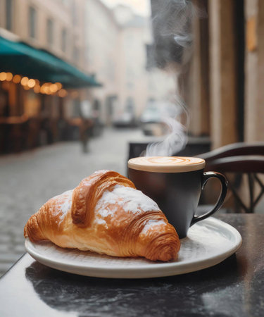 Coffee cup and croissant on table in cafe.の素材