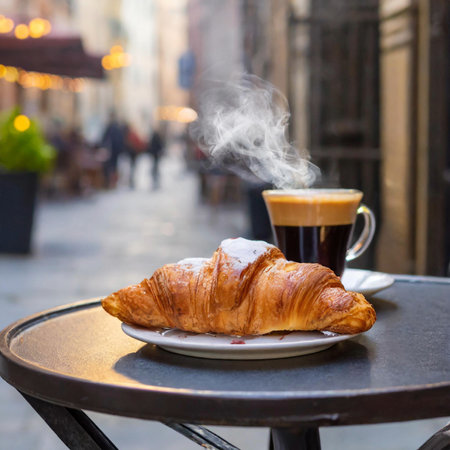 Coffee and croissant on a table in Paris, Franceの素材