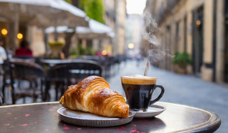 Coffee and croissant on a table in a cafeの素材