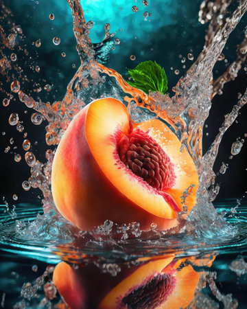 Fresh peach in water splash on dark blue background. Healthy food concept.の素材
