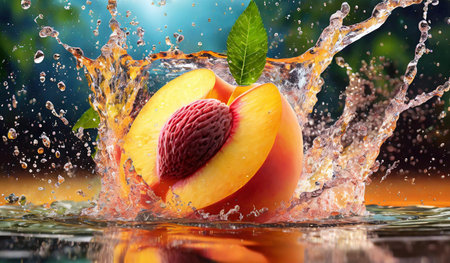 Peach fruit splashing into water with a splash on the backgroundの素材