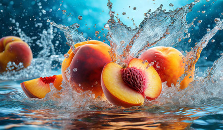 Water splash with fresh peaches fruit on blue background. 3d renderingの素材