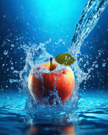 Red apple with water splash on blue background. Healthy food concept.の素材
