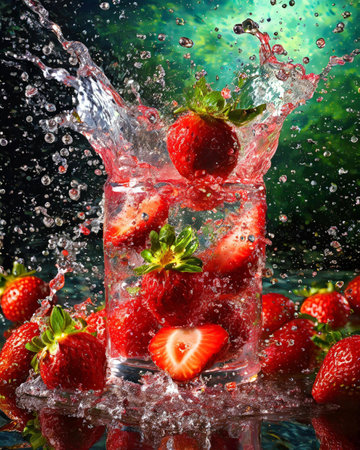 Strawberry splashing into a glass of water on a dark backgroundの素材