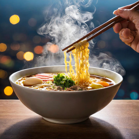 japanese noodle ramen soup with chopsticks on wooden tableの素材