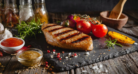Grilled pork steak with herbs and spices on a dark background.の素材