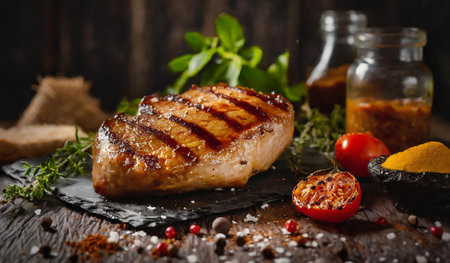 Grilled pork fillet with herbs and spices on dark wooden backgroundの素材