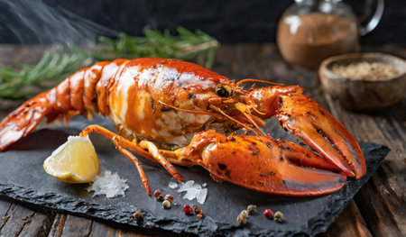Lobster on a black stone plate with lemon and rosemaryの素材
