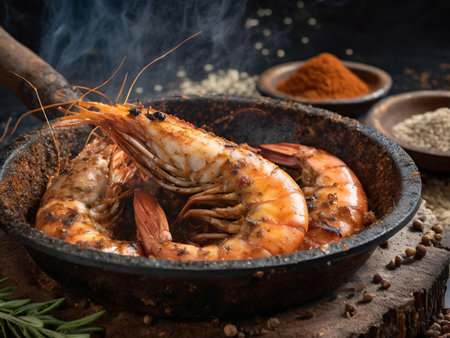 Grilled tiger prawns in a frying pan with spices and herbsの素材