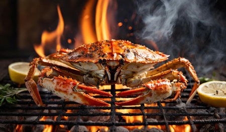 Steamed crab with lemon and herbs on the grill with flames.の素材