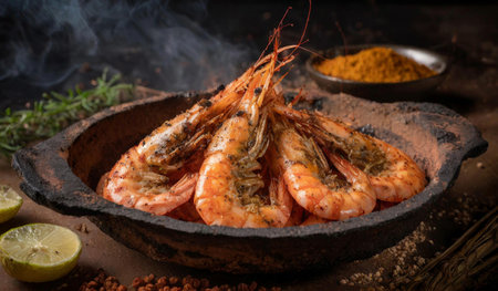 Grilled tiger prawns with spices and herbs in a rustic styleの素材