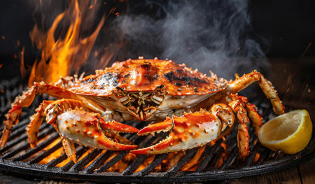 Steamed blue crab with lemon and smoke on a barbecue grill.の素材