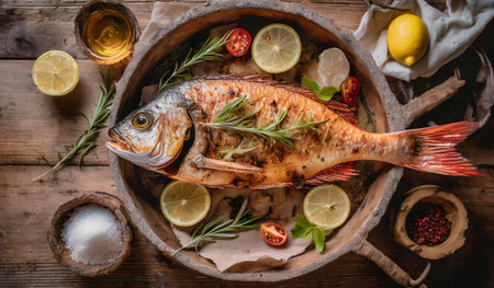 Grilled fish with lemon, rosemary and spices on wooden backgroundの素材
