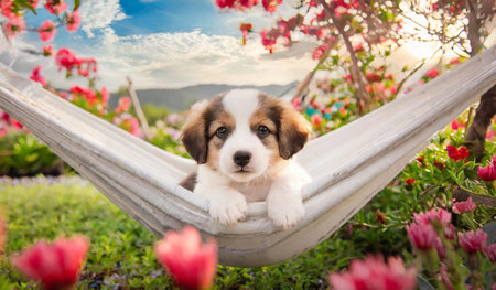 Cute welsh corgi puppy lying in hammock in gardenの素材