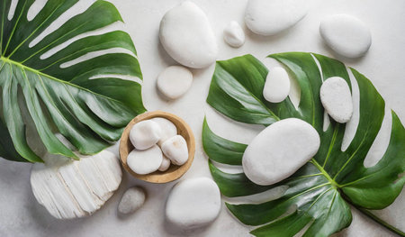 White pebbles and monstera leaf on white stone background.の素材