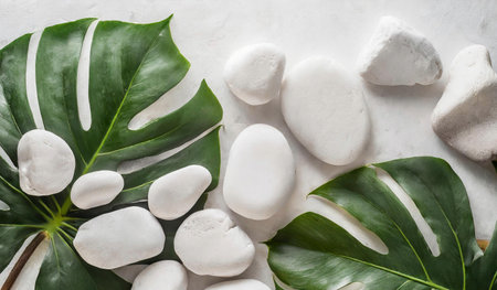 White pebbles and monstera leaf on white background, top viewの素材