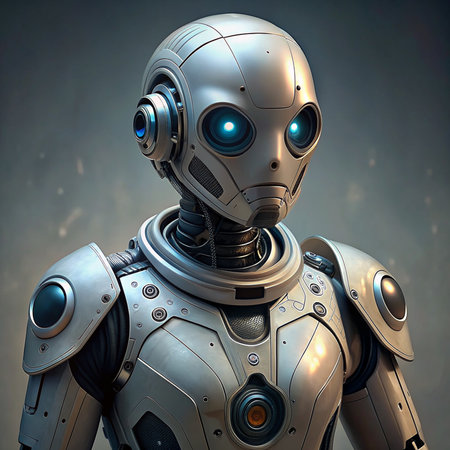 3D rendering of a female robot on a dark grey background.の素材