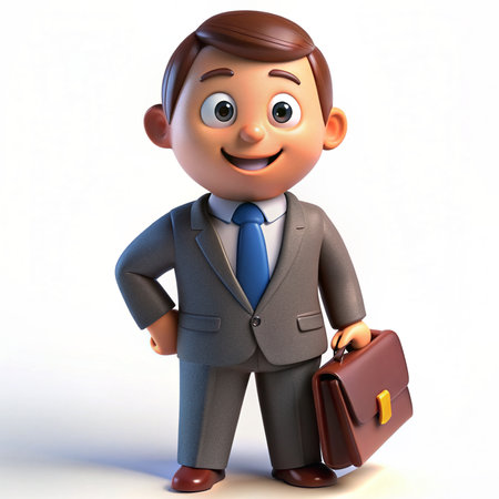 Cartoon businessman with briefcase looking at the camera on white backgroundの素材