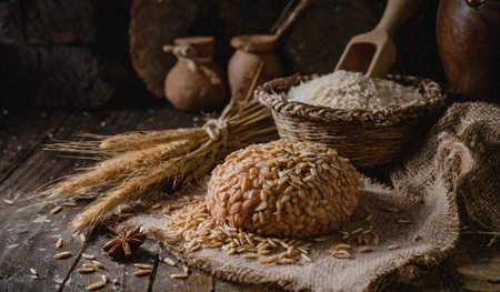 Rice in a basket on a wooden table. Dark rustic style.の素材