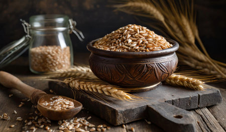 Wheat in a bowl on a wooden background. Selective focus.の素材