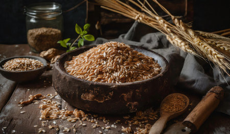 Organic raw brown rice in rustic bowl on wooden background.の素材