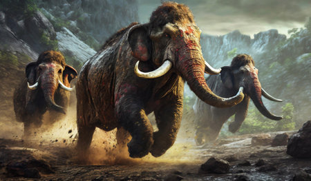 Elephants fighting in the jungle. 3D illustration. Fantasy.の素材