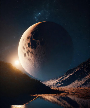 Fantasy landscape with moon and stars. Elements of this image furnished by NASAの素材