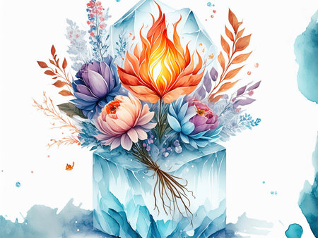 Watercolor vector illustration of a gift box with flowers and leaves.の素材