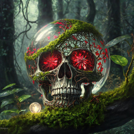 Skull with green moss and crystal ball in the forest. Halloween conceptの素材