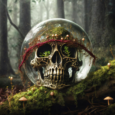 Skull in a glass sphere in the forest. 3d illustrationの素材
