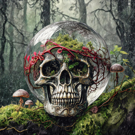 Skull in a glass sphere in the forest. 3d illustrationの素材