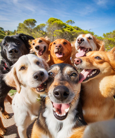 Portrait of a group of dogs on a sunny day in Spainの素材