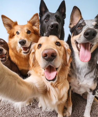 Group of dogs on color background, closeup. Pet care conceptの素材