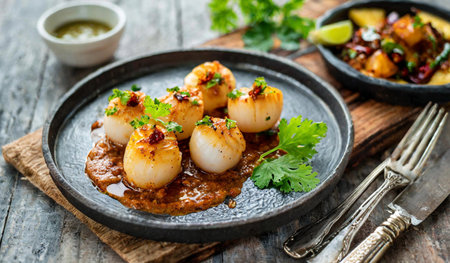 Fried scallops with spicy sauce on a wooden background.の素材