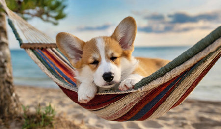 Cute welsh corgi puppy lying in hammock on the beachの素材