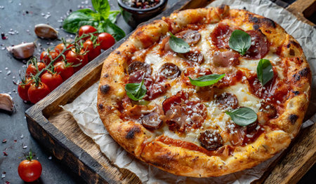 Pizza with salami, mozzarella cheese, tomatoes and basil. Italian cuisineの素材