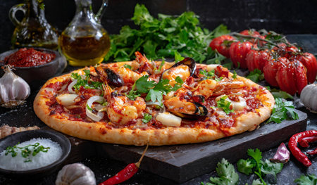 Seafood pizza on black stone background. Seafood pizza with shrimps, musselspus, squid and mussels.の素材