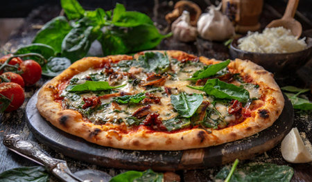 Pizza with spinach, tomatoes and mozzarella on wooden tableの素材