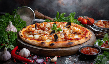 Seafood pizza with seafood on dark background. Seafood pizzaの素材