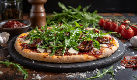Pizza with arugula, mozzarella cheese, tomatoes and mushroomsの素材