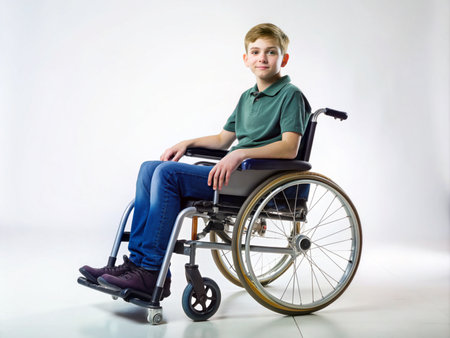 Portrait of a boy in a wheelchair on a white background.の素材
