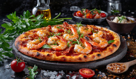 Seafood pizza with shrimps, prawns and tomatoesの素材