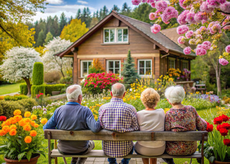 Elderly couple sitting in front of their house and looking at flowersの素材