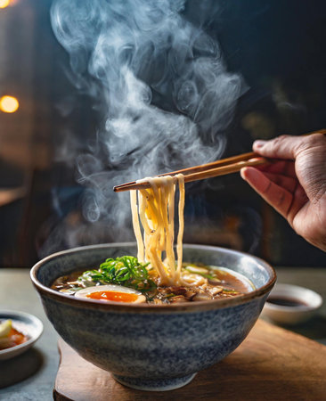 Japanese ramen noodle soup in a bowl with chopsticks.の素材