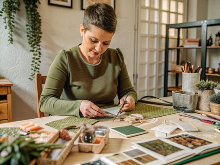 senior woman decorating christmas tree with needles in cozy workshopの素材