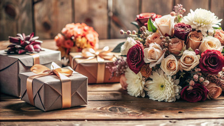 Bouquet of flowers and gift boxes on a wooden background.の素材